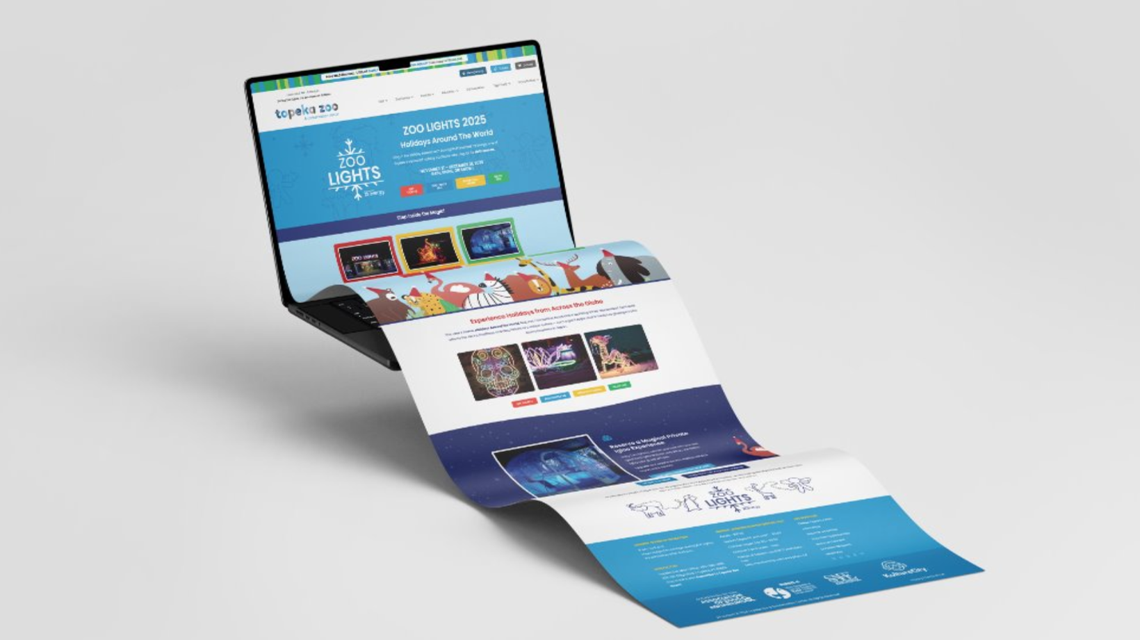 Zoo Lights 2025 microsite design for the Topeka Zoo featuring holiday illustrations and event information